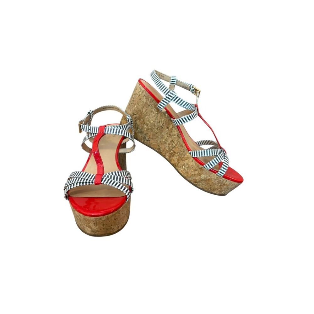 Kate Spade Cork Wedge Heel Strappy Sandal Blue White Stripes Red Womens Size 8.5